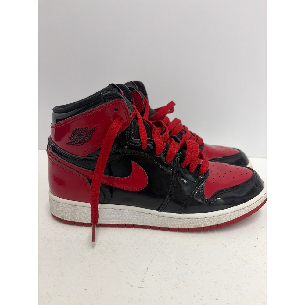 Air Jordan 1 Retro High OG GS Patent Bred Black Red Sneakers 575441-063 Size 7Y - Picture 5 of 8